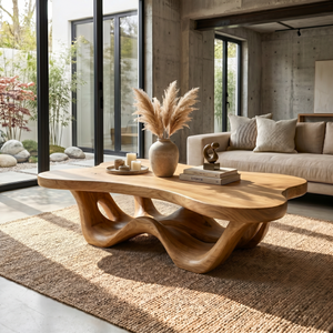 Handcrafted Solid Wood Coffee Table with Waveform Open Base