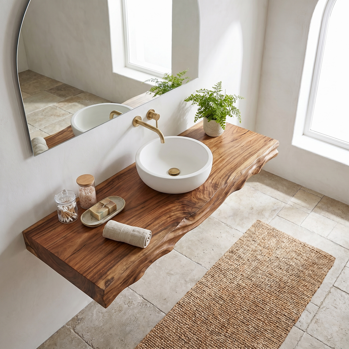 Live Edge Floating Wood Bathroom Vanity Shelf with Organic Grain Detail