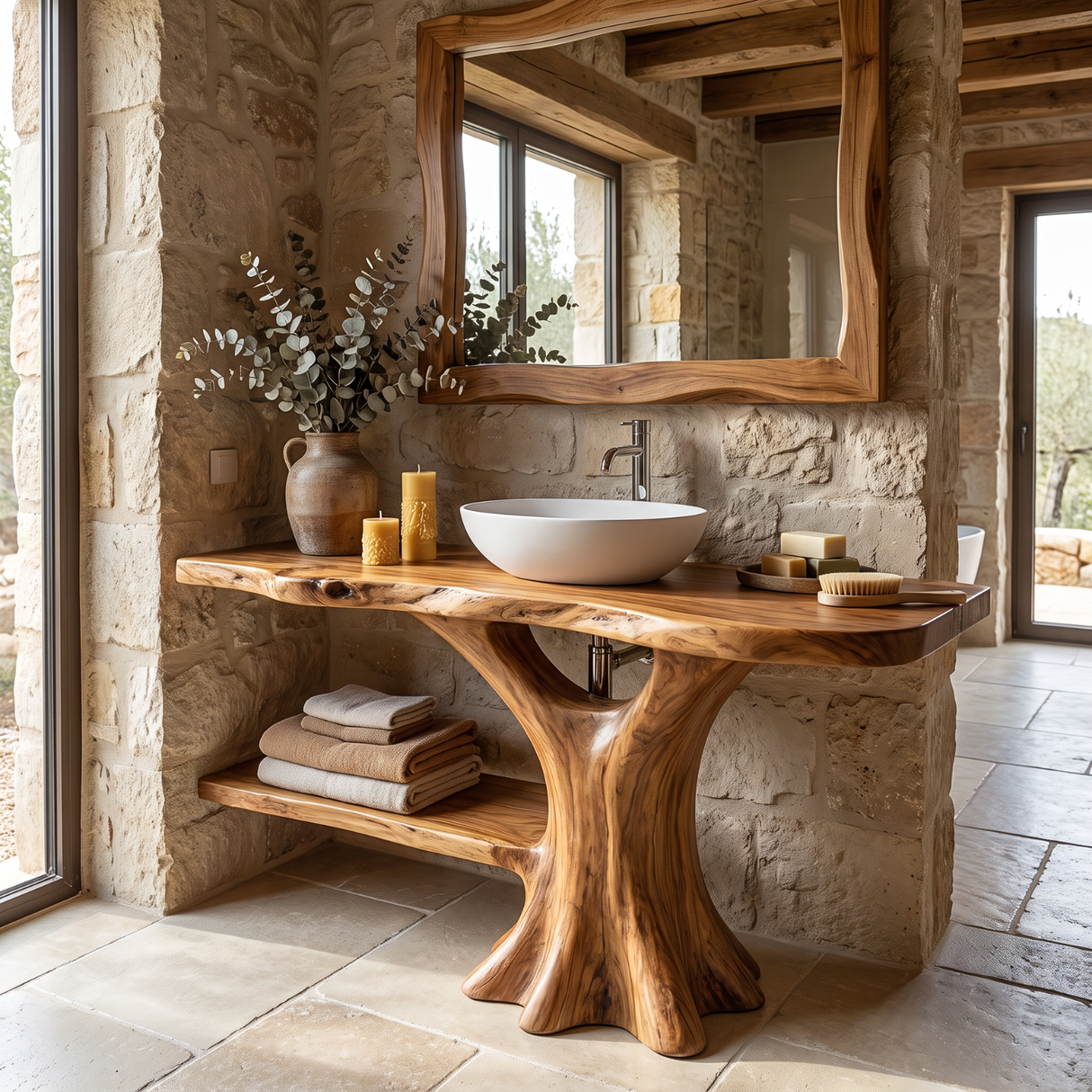 Bathroom Vanity Solid Wood with Organic Trunk Pedestal and Side Shelf for Powder Room