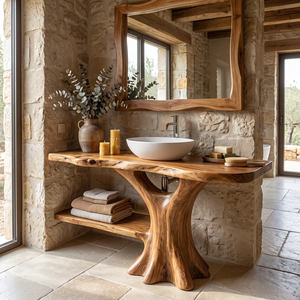 Bathroom Vanity Solid Wood with Organic Trunk Pedestal and Side Shelf for Powder Room