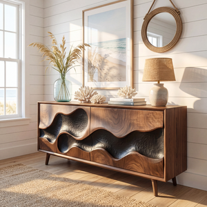 Sculpted Hollow Wave Front Wood Sideboard Cabinet for Living Room or Dining Room