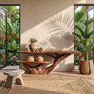Console Table with Organic Branching Base and Floating Display Shelf