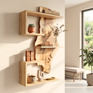 Solid Wood Live Edge Wall Shelf Sculptural Frame Multi Tier Display for Living Room