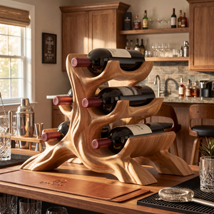 Sculptural Solid Wood Wine Rack Organic Branch Form Compact Tabletop Bottle Holder Display