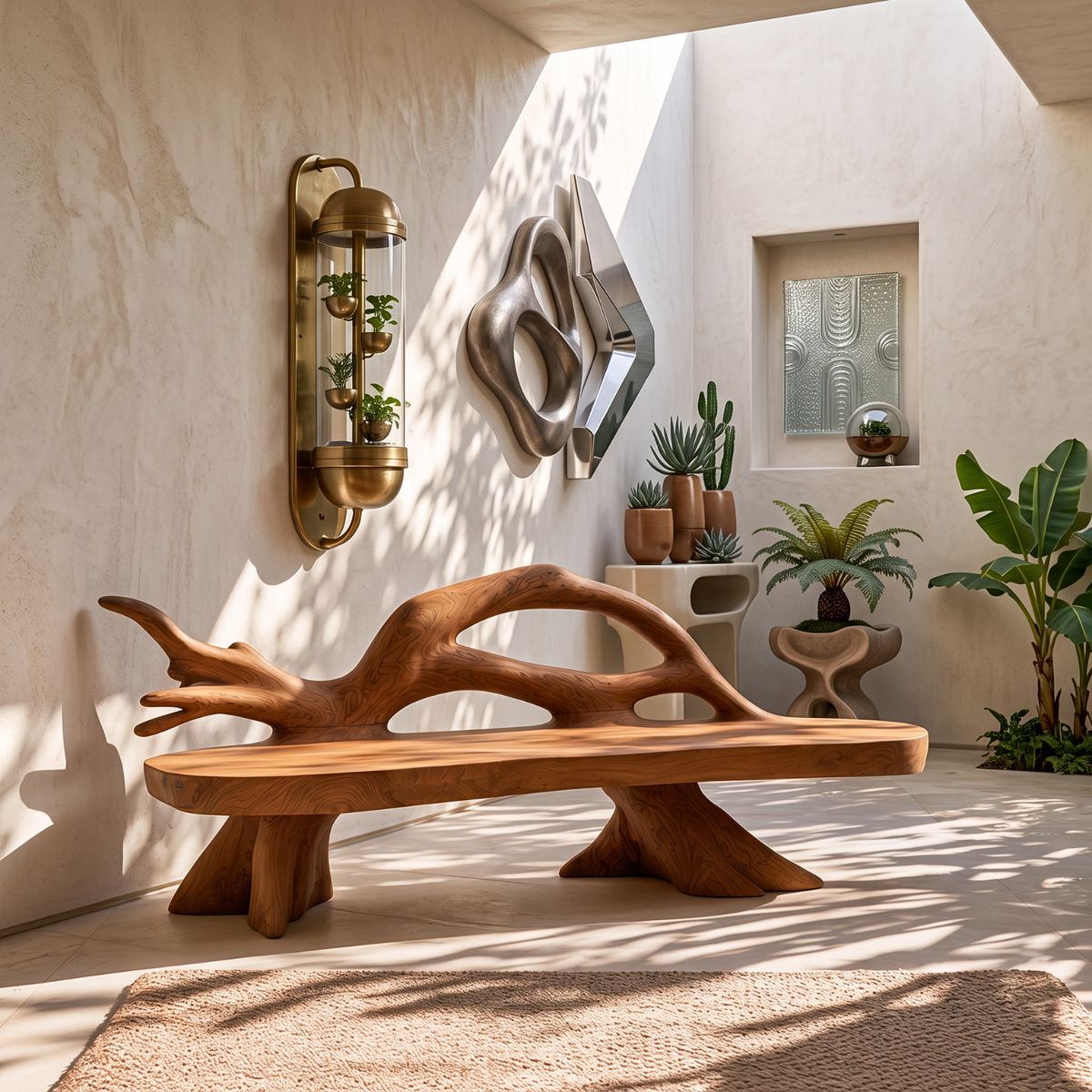 Sculptural Solid Wood Garden Bench with Organic Open Backrest