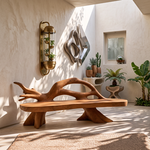 Sculptural Solid Wood Garden Bench with Organic Open Backrest