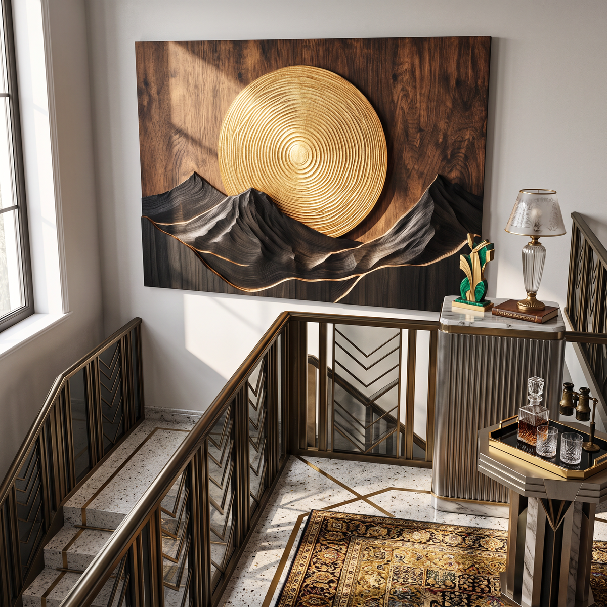 Wall Sculpture Mountain Sunset with Golden Sun and Layered Peaks