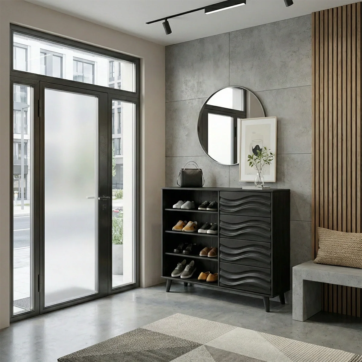 Solid Wood Shoe Cabinet with Drawers and Open Shelves Modern Entryway Shoe Storage Organizer