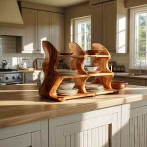 Handcrafted Solid Wood Dish Organizer Shelf for Kitchen Counter