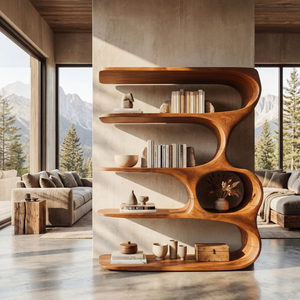 Ribbon Curve Wood Bookcase with Long Floating Display Shelves