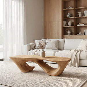Solid Wood Coffee Table with Double Hollow Sculptural Base for Living Room