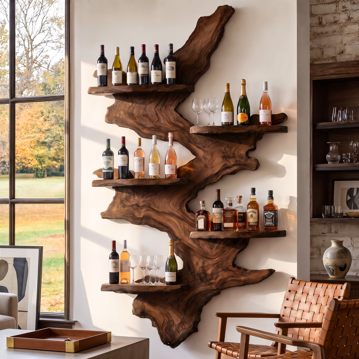 Wall Mounted Wine Rack Solid Wood with Sculptural Live Edge Slab and Floating Shelves