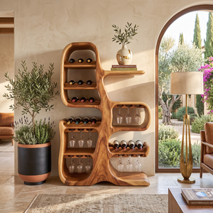 Solid Wood Wine Cabinet with Sculptural Tree Form for Home Bar