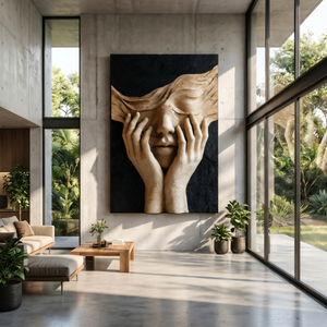 Handcrafted Veiled Face Sculptural Wood Wall Art with Expressive Hands