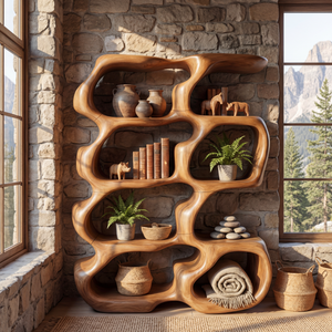 Sculptural Organic Wood Bookcase with Open Display Shelves