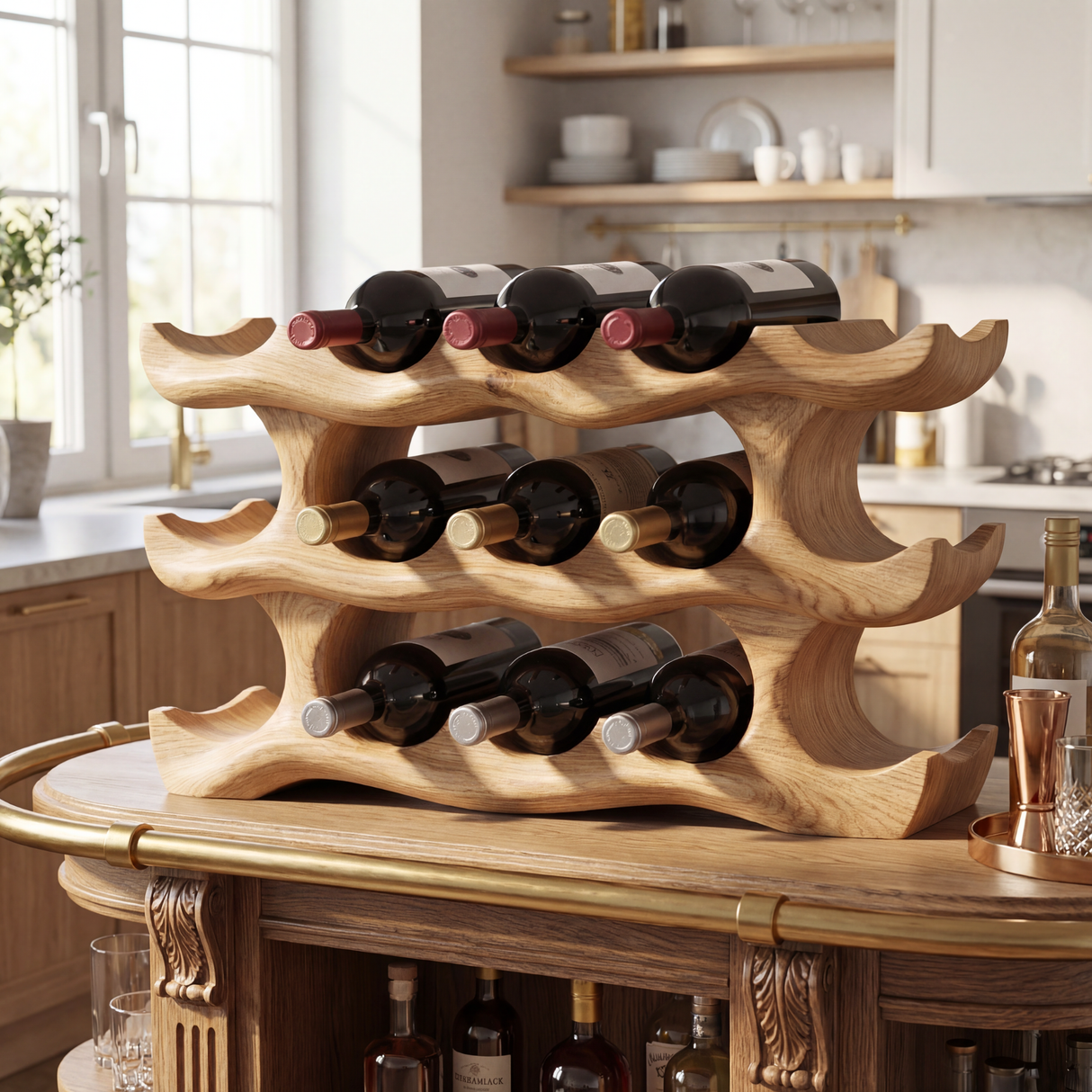 Layered Wave Sculptural Solid Wood Wine Rack Horizontal Bottle Holder for Tabletop Storage