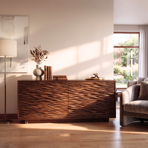 Sideboard Solid Wood with Sculptural Horizontal Wave Carved Doors
