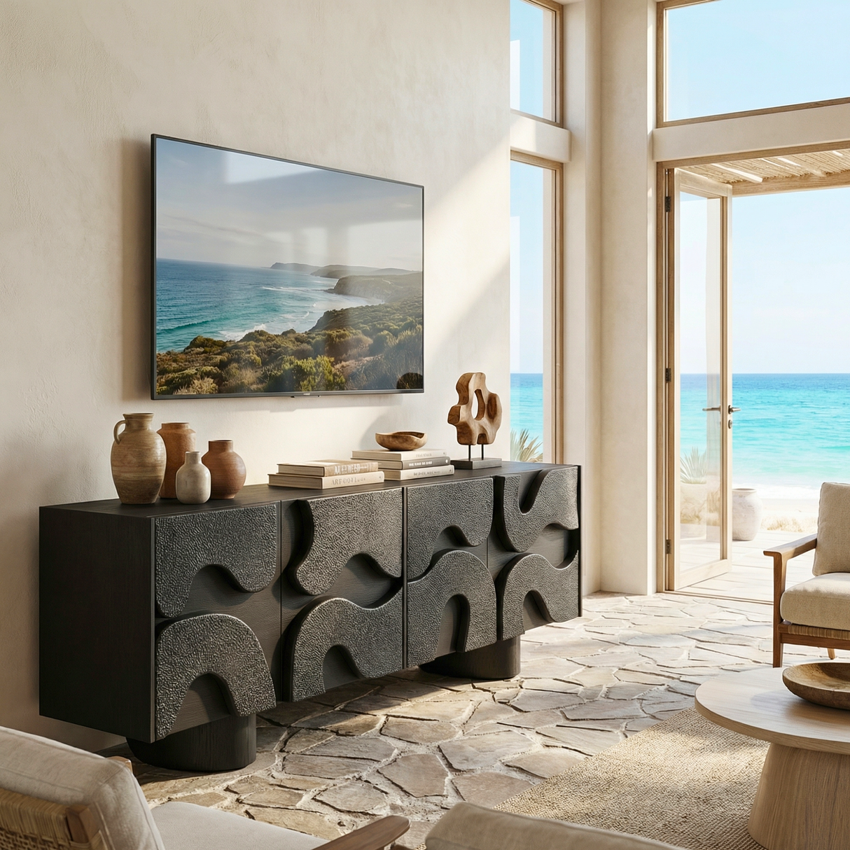 Solid Wood TV Cabinet with Sculptural Wave Relief Doors for Modern Interiors