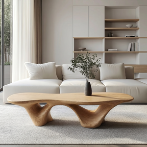 Coffee Table Solid Wood with Triple Hollow Sculptural Base for Living Room