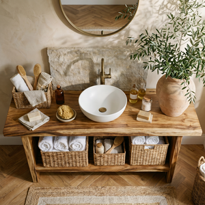 Rustic Solid Wood Bathroom Vanity with Open Shelf Storage