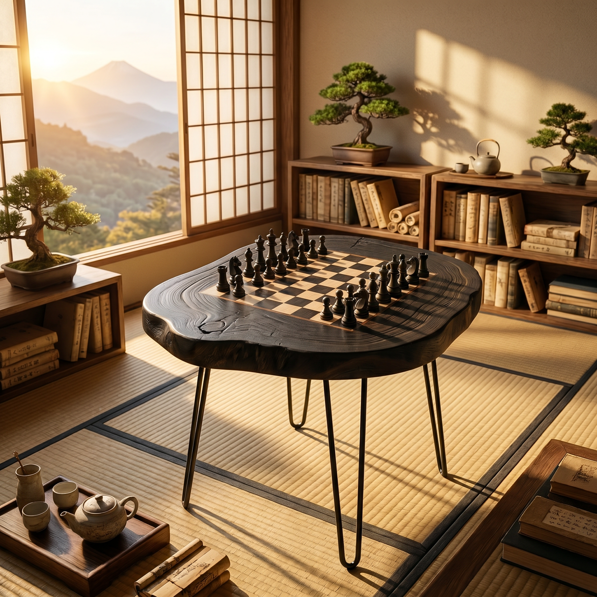 Handcrafted Solid Wood Chess Table with Live Edge Top and Hairpin Legs