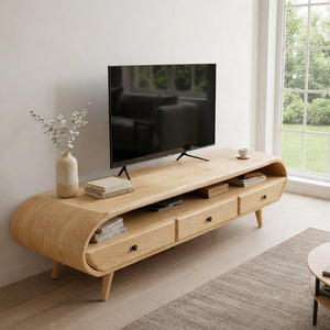 Organic Modern Curved Solid Wood TV Stand Handcrafted Natural Wood Media Console with Drawers