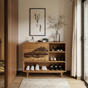 Artistic Mountain Grain Solid Wood Shoe Cabinet for Modern Entryway