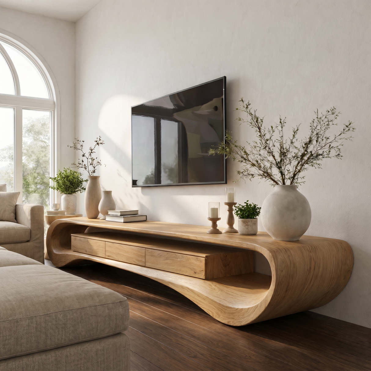 Organic Solid Wood TV Stand with Wave Frame and Storage Drawers