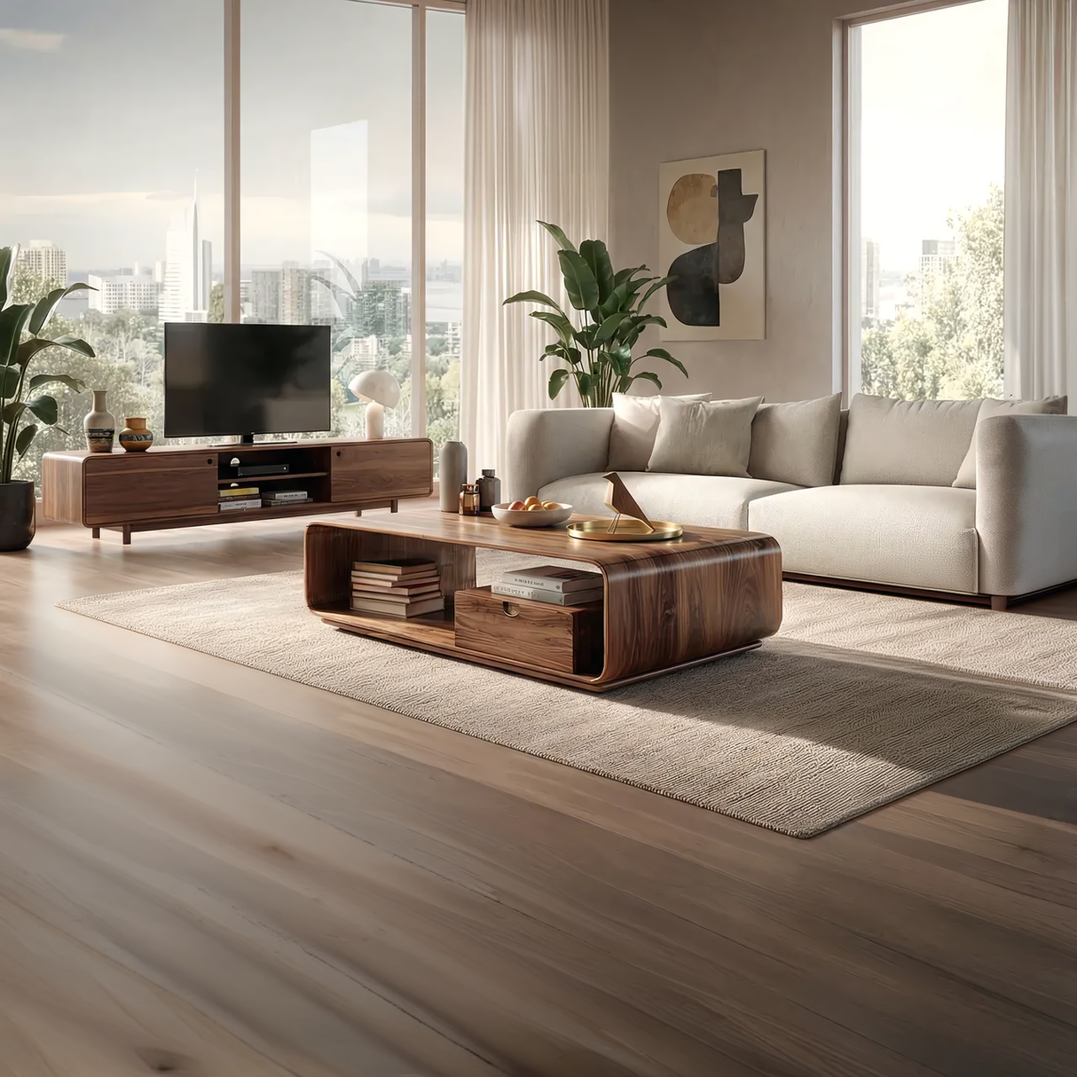 Modern Solid Wood Coffee Table with Storage Drawer