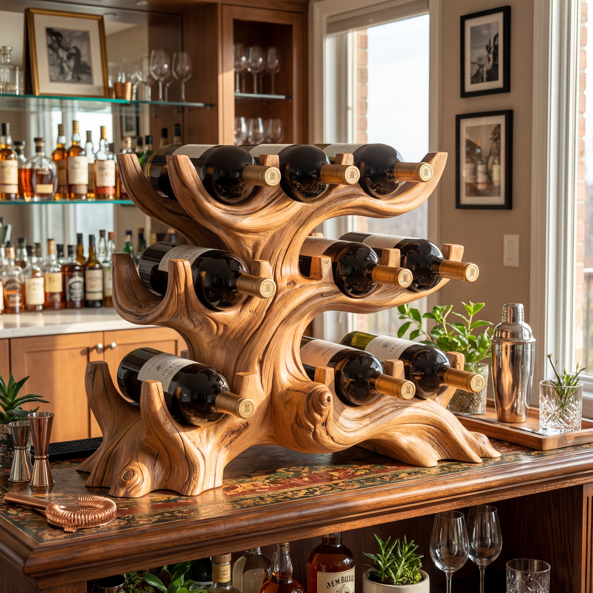 Organic Sculptural Solid Wood Wine Rack Tree Form Multi Tier Bottle Holder