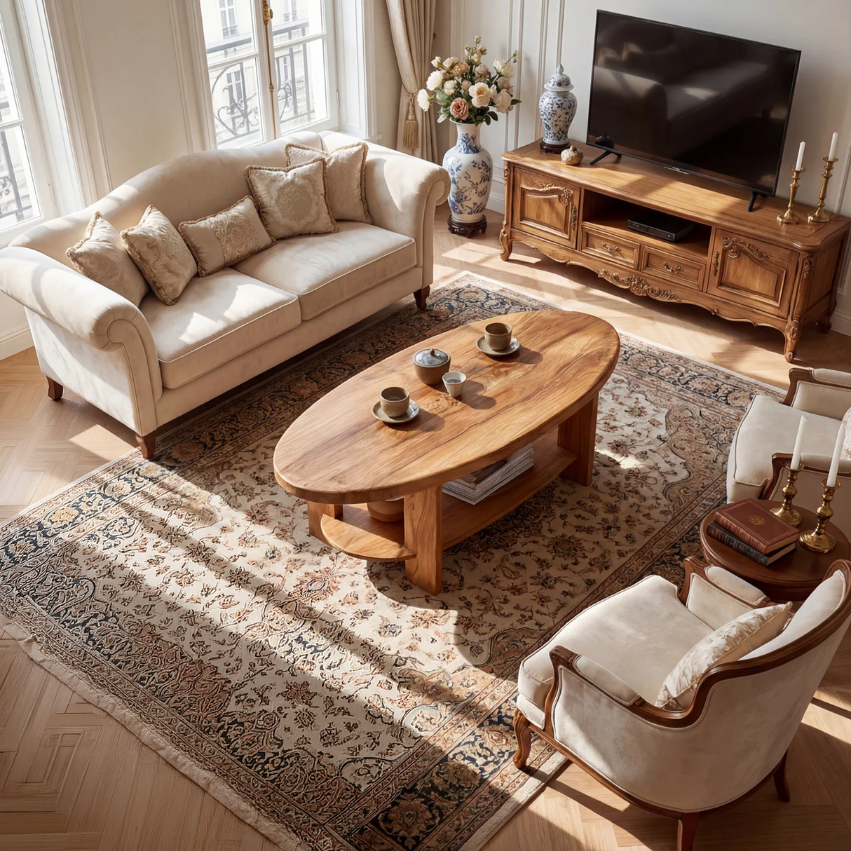 Oval Solid Wood Coffee Table with Open Shelf