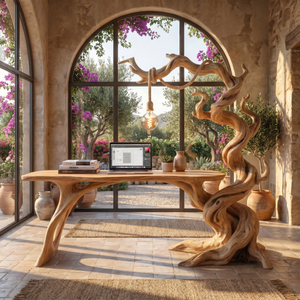 Twisted Tree Wood Desk With Hanging Lamp Organic Sculptural Office Table