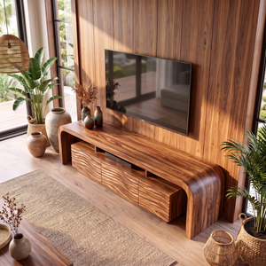 TV Stand with Waterfall Edge Frame and Sculpted Ripple Cabinet Doors