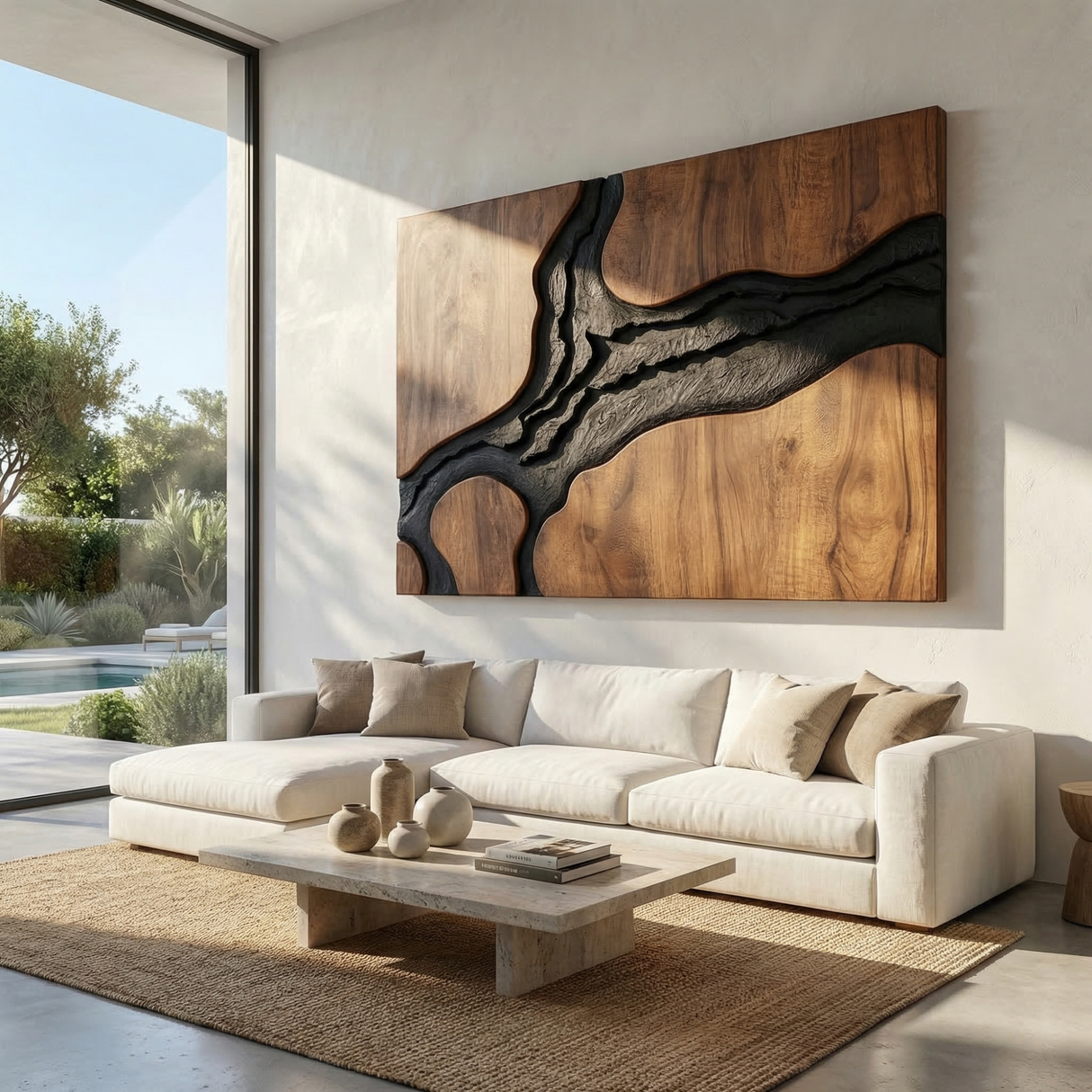 Abstract Wood Wall Art Panel with Black Organic Inlay, Large Sculptural Wall Decor