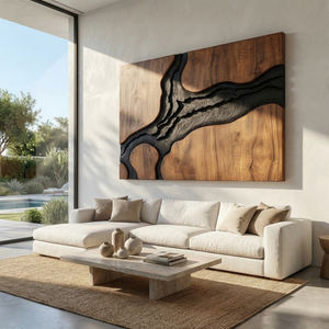 Abstract Wood Wall Art Panel with Black Organic Inlay, Large Sculptural Wall Decor