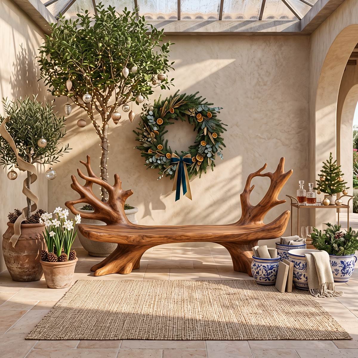 Sculptural Solid Wood Garden Bench with Organic Branch Backrest for Outdoor Patio