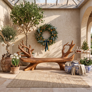 Sculptural Solid Wood Garden Bench with Organic Branch Backrest for Outdoor Patio