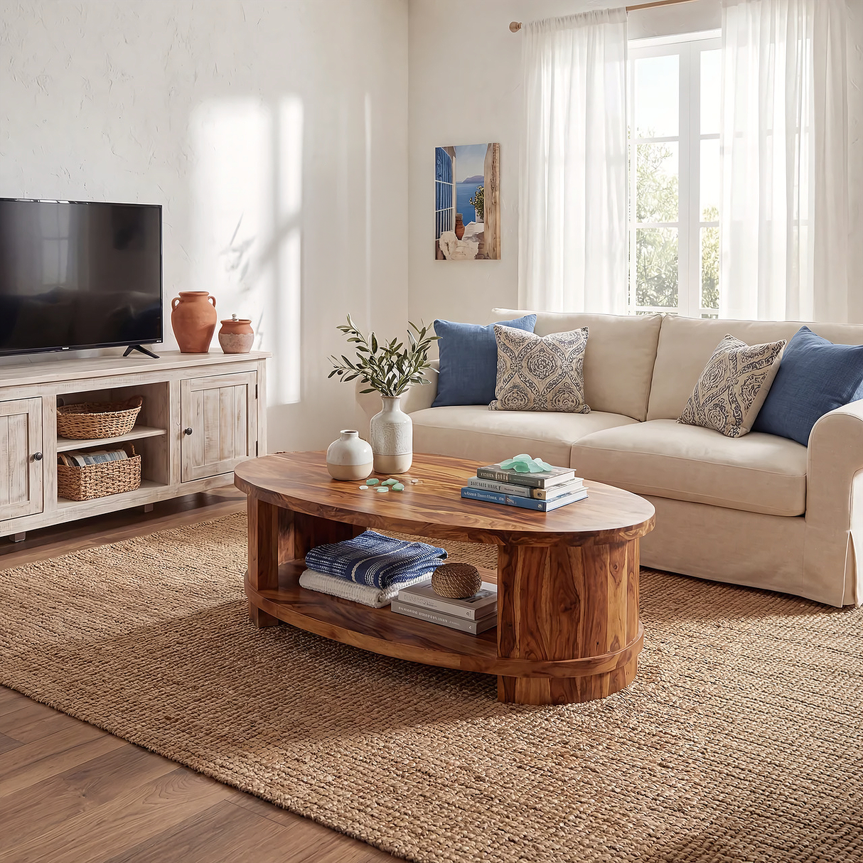 Oval Solid Wood Coffee Table with Shelf