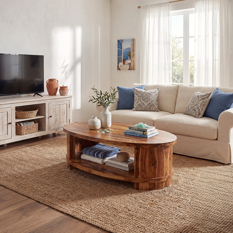 Oval Solid Wood Coffee Table with Shelf