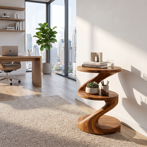 Handcrafted Solid Wood Side Table with Sculptural S Curve Design