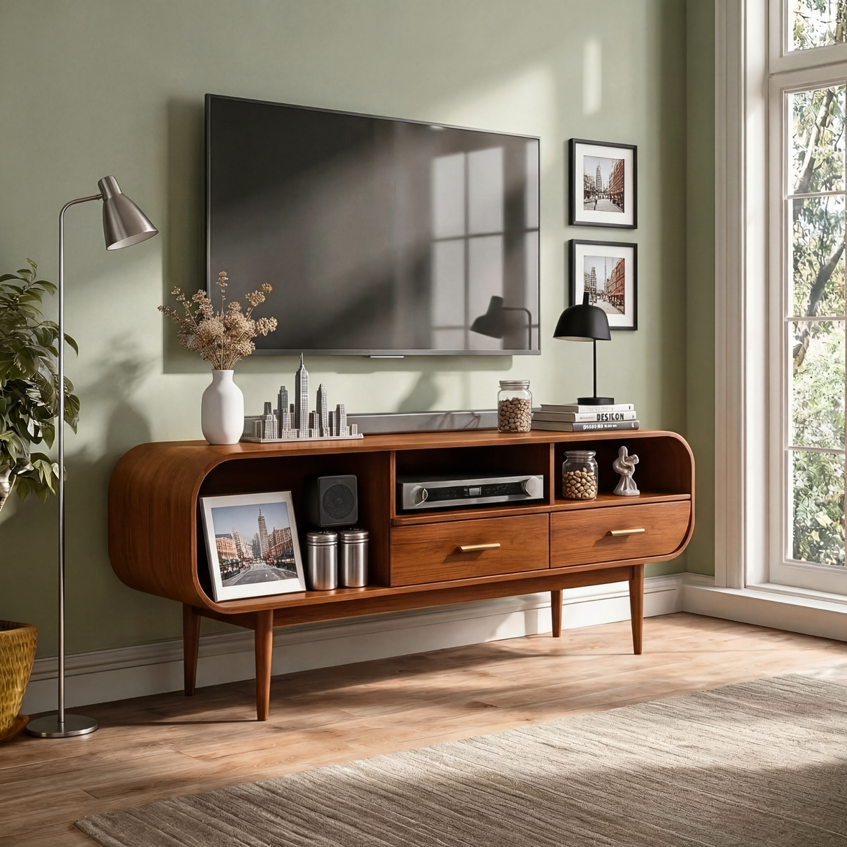Curved Wood TV Cabinet with Drawers and Open Shelving, Mid Century Modern Media Console for Organic Modern Living Rooms