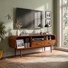 Curved Wood TV Cabinet with Drawers and Open Shelving, Mid Century Modern Media Console for Organic Modern Living Rooms