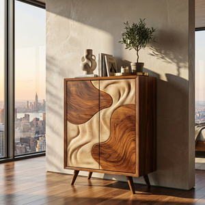 Solid Wood Sculptural Cabinet with Flowing Two-Tone Relief Doors for Modern Interiors