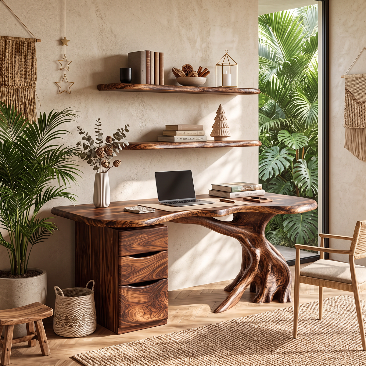 Live Edge Solid Wood Desk with Sculptural Tree Base and Three Drawer Storage