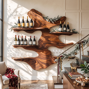 Sculptural Solid Wood Wall Wine Rack with Five Offset Display Shelves