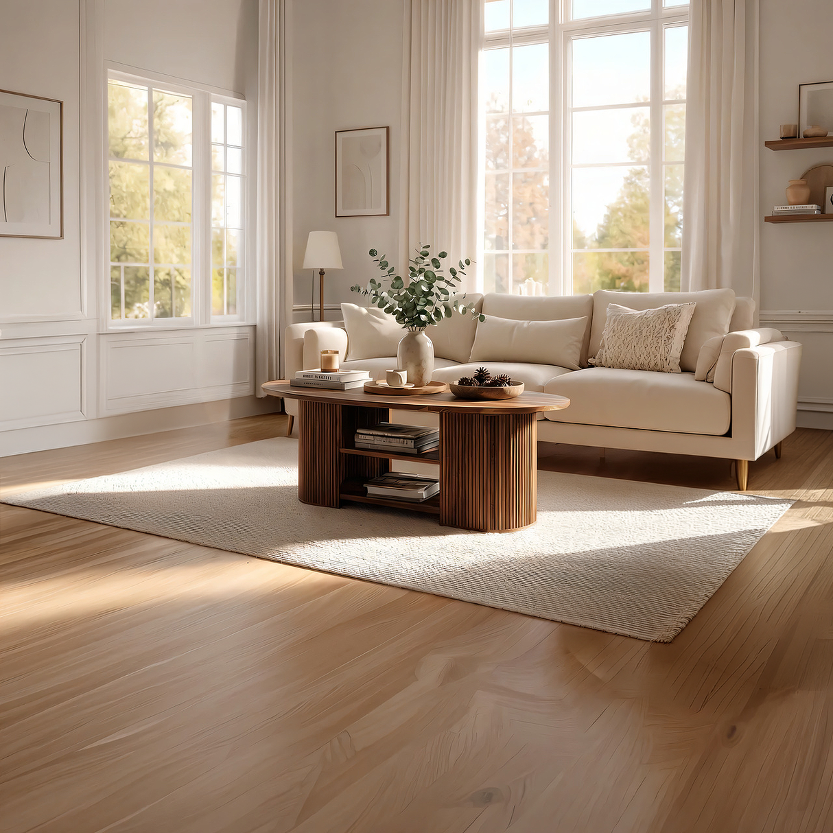 Fluted Oval Solid Wood Coffee Table with Shelf