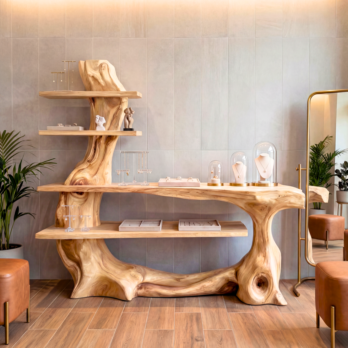 Organic Solid Wood Console Table with Sculptural Base and Open Tier Shelving Artistic Freeform Console Table