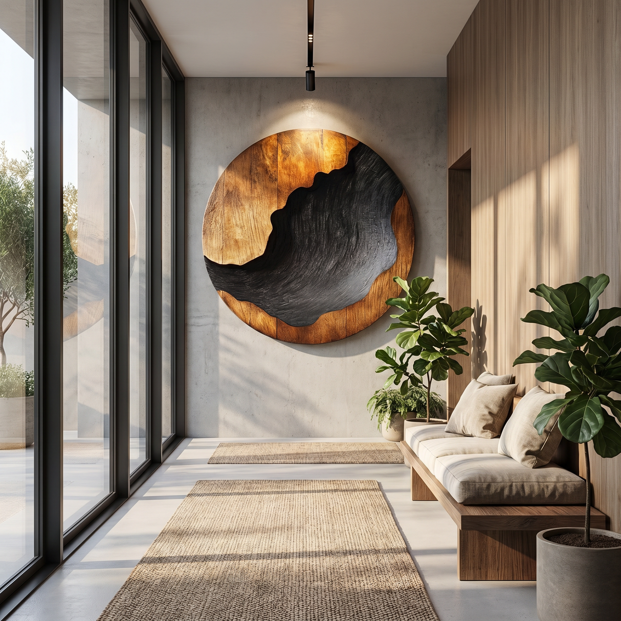 Oval Solid Wood Wall Sculpture with Dark Textured Relief and Natural Grain Contrast