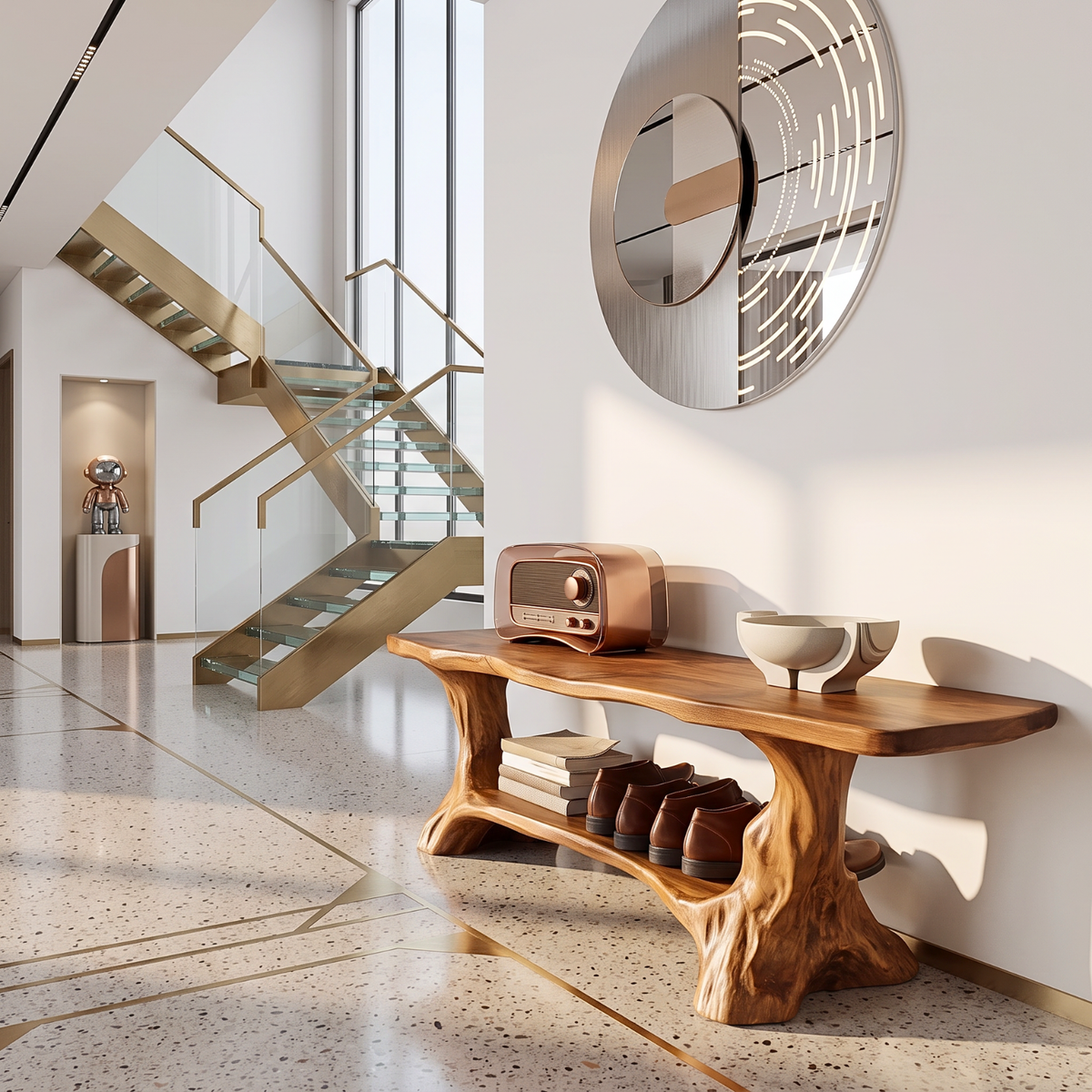Sculptural Solid Wood Shoe Bench with Curved Supports and Open Storage Shelf