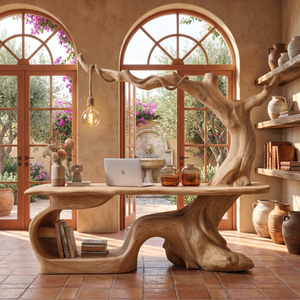 Handmade Solid Wood Tree Desk With Hanging Lamp Organic Modern Sculptural Office Table